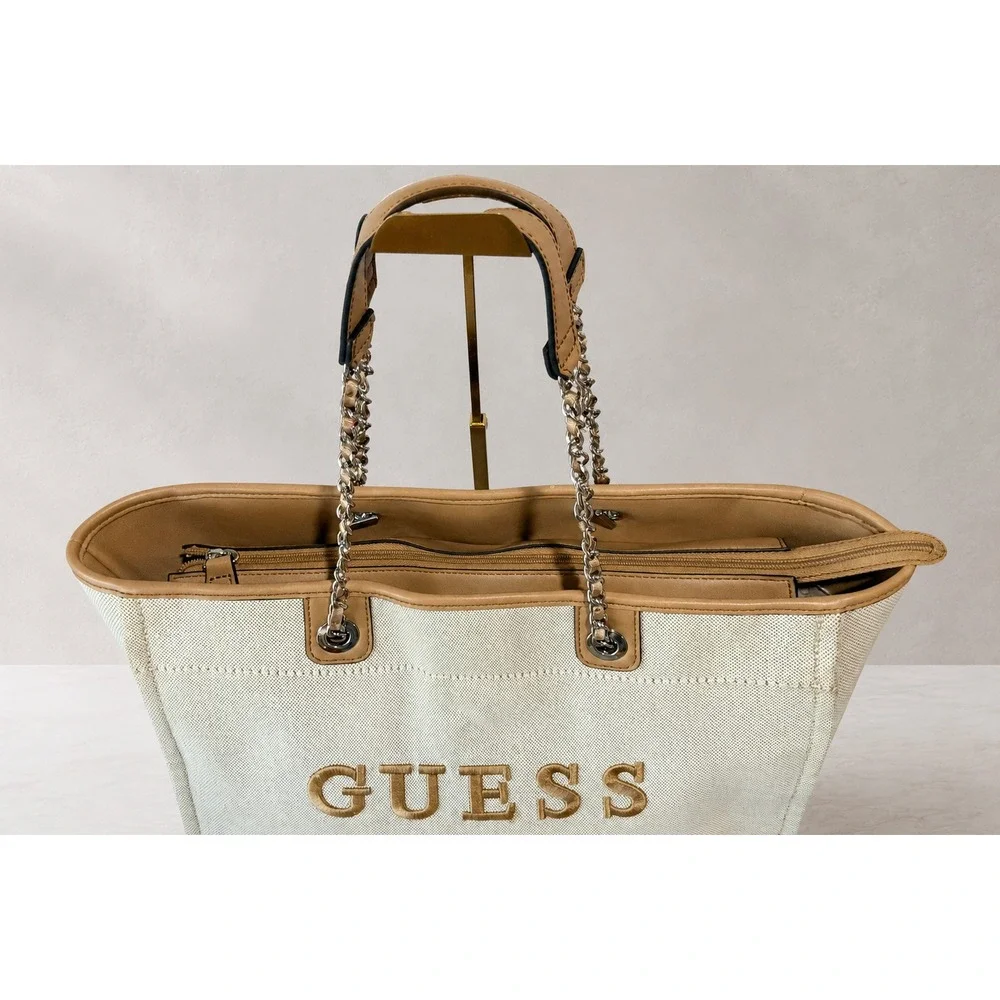 GUESS Makena Large Canvas Tote Bag Embroidered Logo Chain Shoulder Strap